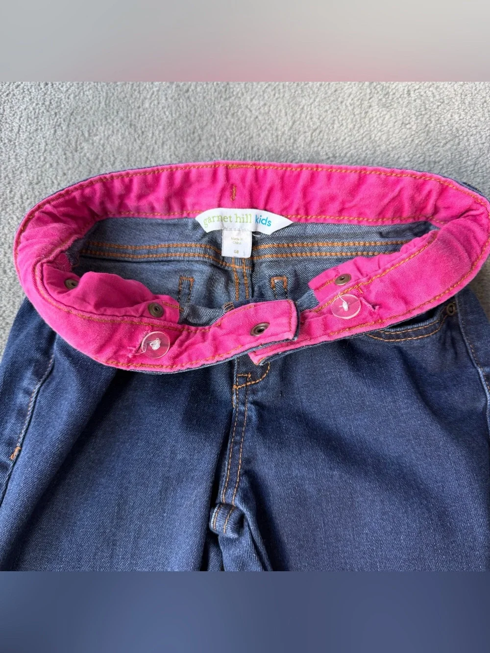 Garnet Hill Kids Dark Blue Skinny Jeans with Pink Waistband